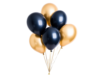 Elegant black and gold balloon arrangement for celebrations on a transparent background, cut out