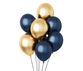 Colorful balloons in gold and navy blue for celebration events on a transparent background, cut out