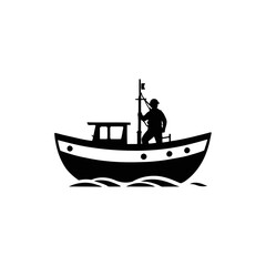 Naklejka premium A black and white vector silhouette of a lifeboat with a rescue team onboard, floating on the water on a white background.