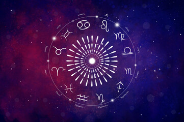 Western astrology circle with 12 zodiac symbols on a beautiful colorful starry space background. Vector illustration.