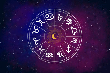 Western astrology circle with 12 zodiac symbols on a beautiful colorful starry space background. Vector illustration.