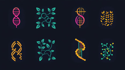 DNA molecule sign set, genetic elements and icons collection strand. Graphic illustration