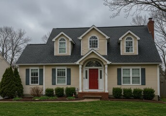 Obraz premium View of a two story suburban house with a red door and dormer windows on a cloudy day in the suburbs