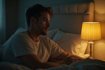 Fototapeta premium Thoughtful Young Man in Bed Looking at a Dim Bedside Lamp in the Evening, Ideal for Concepts of Reflection and Sleep