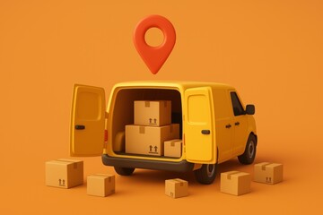 Express Delivery: A yellow delivery van with its doors open, overflowing with packages, sits beneath a location pin, signifying swift and reliable service.