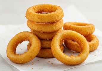 A stack of crispy golden onion rings on white parchment paper ready to be served as a delicious snack