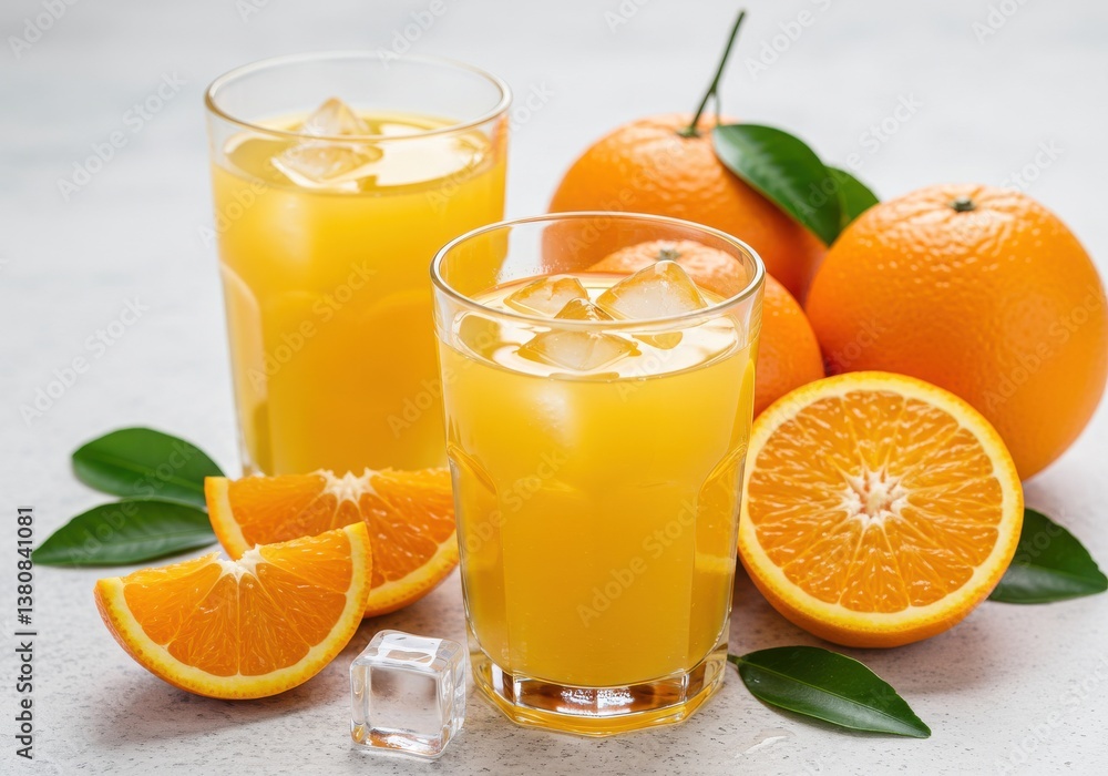 Poster two glasses of orange juice with ice and several oranges on a bright surface background image