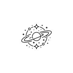 Minimalist Celestial Planet with Rings and Stars Line Art