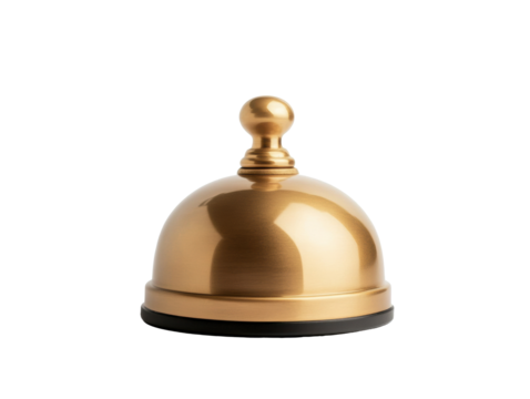 Elegant brass bell for hospitality services in hotels and restaurants on a transparent background, cut out