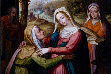 Old painting of Visitation of the Virgin Mary to her pregnant cousin Elizabeth. © Joan