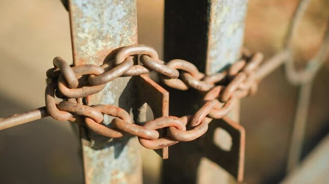 Close up of rusty chain used to lock gate with blur background, capturing weathered metal links, sense of security in warm sunlight, focusing on heavily worn iron loops and aged patina texture