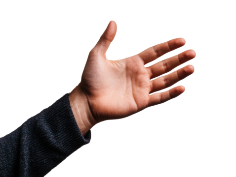 Outstretched hand ready for greeting or offering assistance on a transparent background, cut out