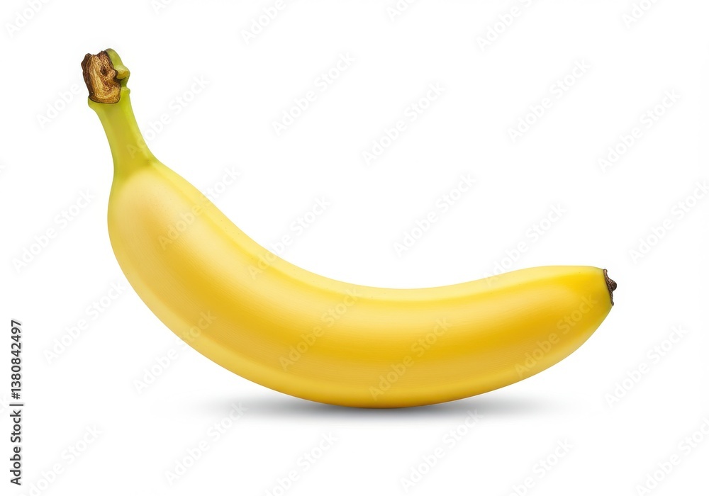 Poster a single ripe yellow banana with a brown stem on a white surface in a studio setting with shadows