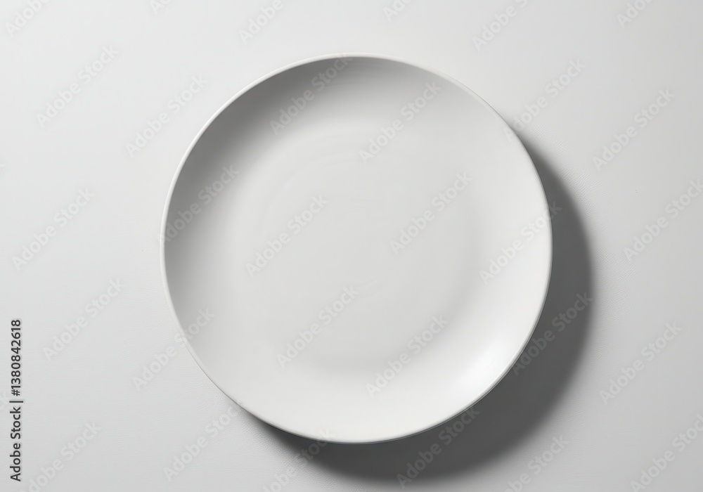 Aufkleber an overhead shot of a simple white plate placed on a plain white surface with a soft shadow cast
