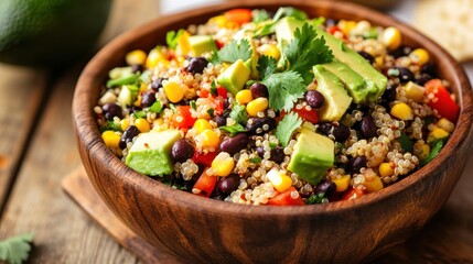 Quinoa Salad Bowl with Black Beans Corn and Avocado Slices