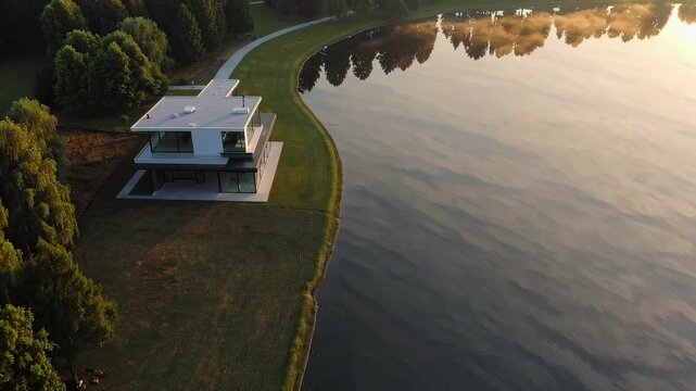 Villa moderne en bord de lac au lever du soleil, prise de vue a&eacute;rienne par drone, architecture contemporaine entour&eacute;e d&rsquo;arbres, reflets dor&eacute;s dans l&rsquo;eau calme &ndash; immobilier de luxe