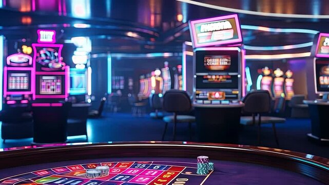A casino table with casino chips, against the background of a bustling casino hall 