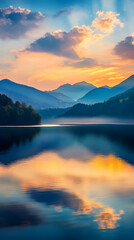 Unfolding Tranquility: A Serene Mountainous Landscape Under a Vibrant Twilight Sky