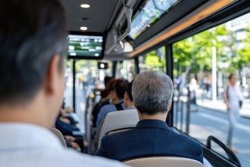 Passengers travel in a modern city bus, engaging with their surroundings, reflecting the social aspect of public transportation in urban settings and its convenience for daily commuters.