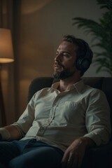 Fototapeta premium Moody Portrait of a Young Man Relaxing with Headphones On, Enjoying Music or an Audiobook in a Cozy Indoor Setting