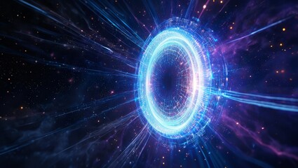 Obraz premium Futuristic sci-fi glowing wormhole in deep space with vibrant blue and purple nebula