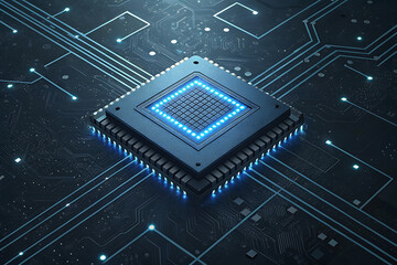 The Heart of Innovation: A powerful central processing unit glowing with brilliant blue light on a dark circuit board.