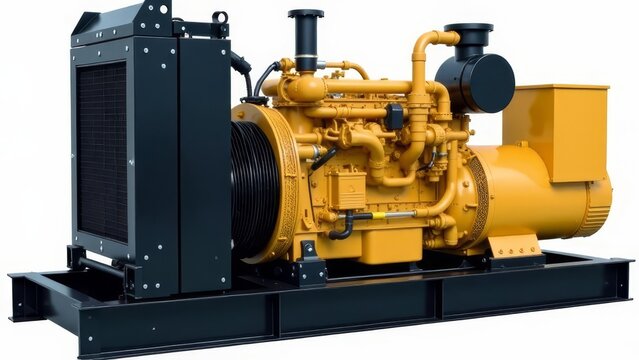 Industrial yellow diesel generator machine with black radiator and engine components