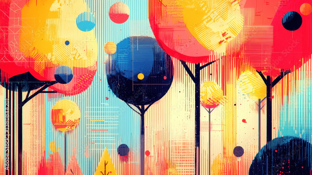 Poster vibrant abstract forest illustration with whical trees featu colorful circular canopies and ample co