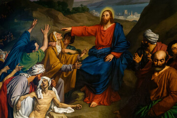 Painting of Jesus-Christ healing the sick and wounded. Miracles of the Bible.