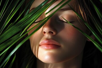 Naklejka premium A portrait of an attractive woman with clean, healthy skin surrounded by lush greenery, symbolizing natural beauty and skincare