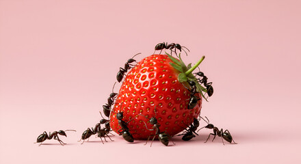 Macro shot of black ants crawling on a fresh red strawberry against a soft pastel pink background. Symbol of teamwork, food scavenging, and insect behavior in nature.