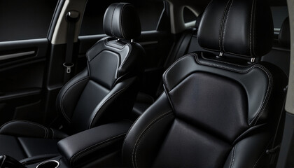 Obraz premium Interior of modern car with sleek black leather seats for blogs, websites, automotive design projects, interior decoration, car accessories, and vehicle-related content