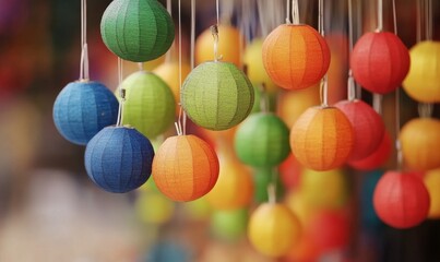 Fototapeta premium Colorful paper lanterns hanging at a market, creating a festive atmosphere