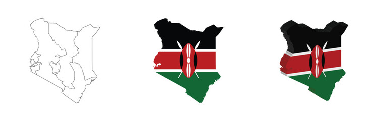Kenya outline, fill with flag and 3d map