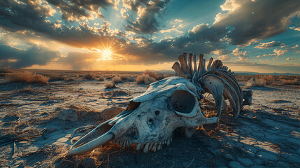 A powerful image of a weathered, old animal skull and bones lying on the desert floor, with sunlight filtering through the clouds