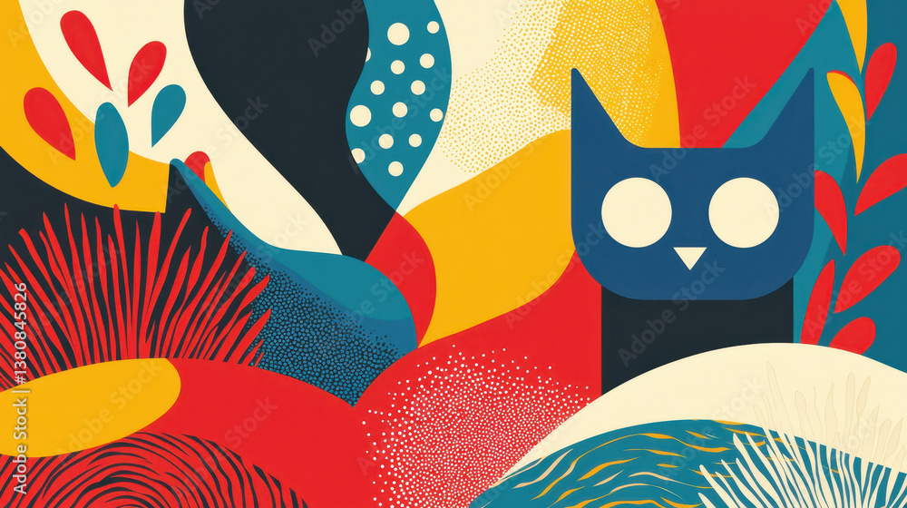 Poster a whical dark blue cat curiously peeks from behind bright abstract foliage creating ample copy space