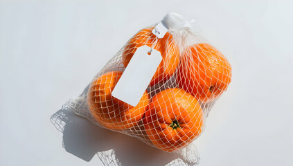 Oranges in Mesh Bag with Blank Tag on White Background