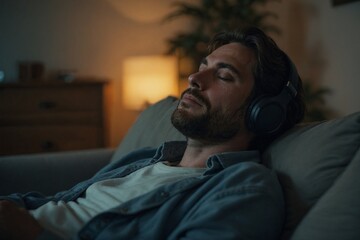Obraz premium Relaxed Man Listening to Music with Headphones While Resting on a Comfortable Sofa in a Dimly Lit Room
