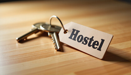 Keys with hostel tag on wooden surface for travel blogs, accommodation websites, booking platforms, travel guides, and hospitality marketing materials