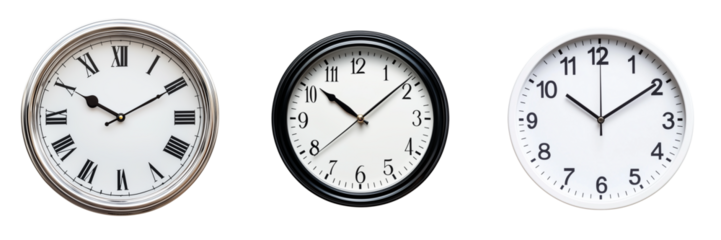 Set of A close-up shot of an analog POE IP Network NTP wall clock with a sleek metal frame mounted on a modern office wall on transparent png background