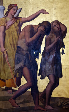 Painting (18th century) of Adam and Eve expelled from paradise. Paradise,