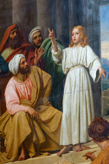 Painting (19th century) of The young Jesus in the Temple among the Doctors of the Law.