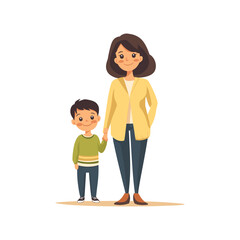 Obraz premium Mother and Son Holding Hands Vector Illustration. Vector illustration of a mother and son holding hands, showcasing a warm bond. They appear content and connected, both displaying happy expressions.