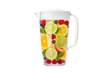 Refreshing fruit infusion in a clear pitcher with lemon, lime, berries, and mint for summer enjoyment