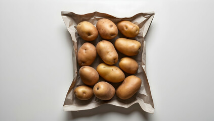 Potatoes in a Brown Paper Bag on White Background.