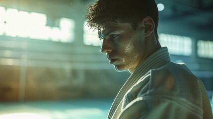 A profile view of a judo athlete in combat, emphasizing the struggle and effort involved in the fight, dressed in a traditional kimono