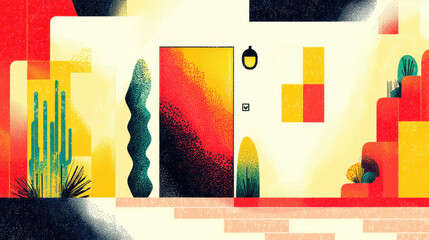 Stylized Southwestern Home Exterior Featu Vibrant Yellow and Red Door, Cacti, and Geometric Architectural Details