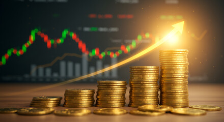 Stacks of gold coins with an upward trend graph, symbolizing financial growth, investment success, and stock market profits.
