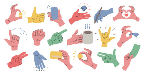 Set of hands gestures in doodle style. Finger gesturing human arms set., heart and money, handshake. Thumb finger up. Pointing forefinger, pencil and bank card