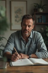 Focused Businessman Reviewing His Appointments and Tasks in a Day Planner at His Desk, Organizing His Work Schedule for Optimal Productivity and Time Management